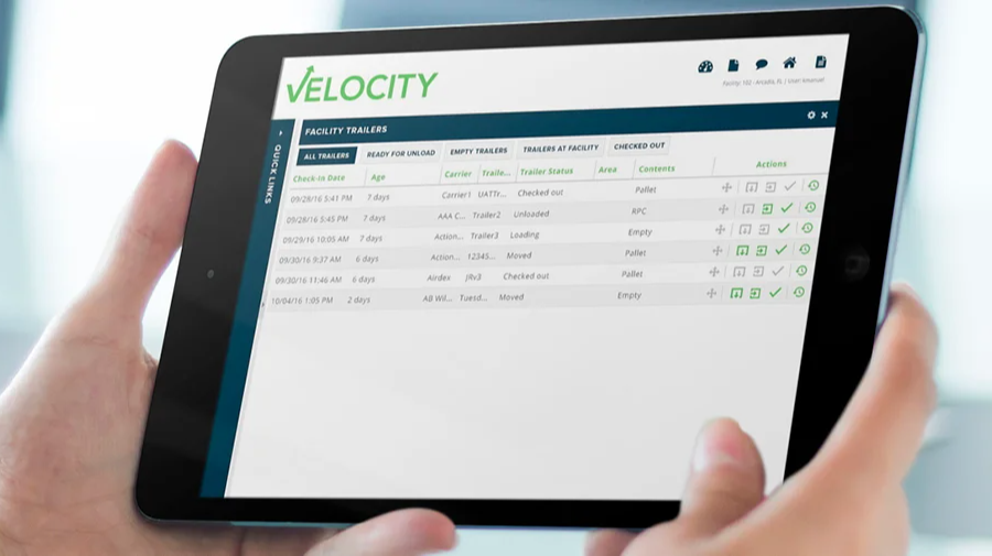 Tablet displaying Velocity interface for tracking facility trailers and pallet management in supply chain logistics.